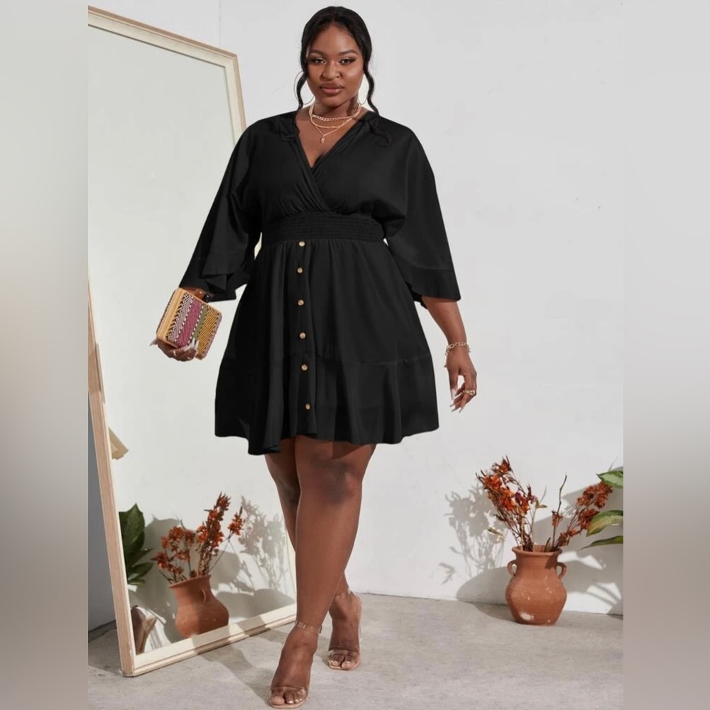 Tie Back Shirred Batwing Sleeve Ruffle Hem Dress